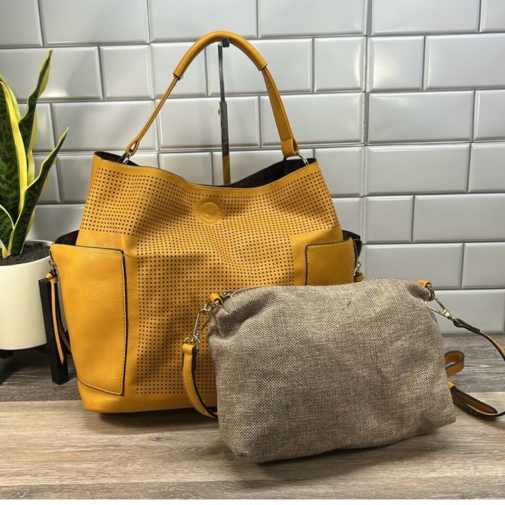 Beautiful Yellow Perforated Leather Tote Bag with matching zip pouch